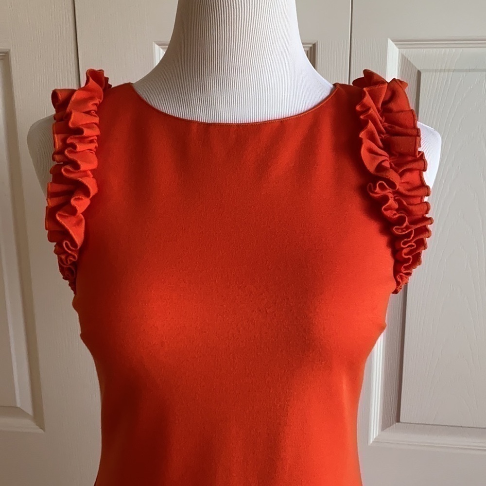 Trina Turk Orange Ruffle Shoulder Sheath Dress Size 2 - Picture 3 of 13